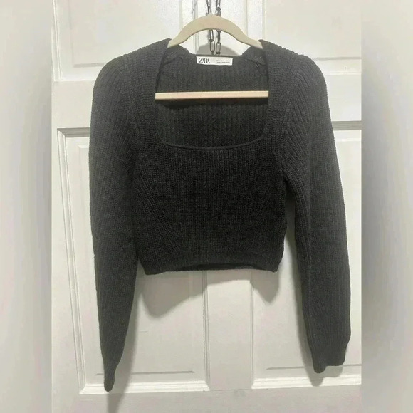 ZARA Wool Blend Cropped Sweater Square Neck Long Sleeve Pullover Size Small - Picture 4 of 6